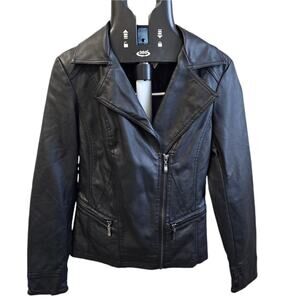 Leather Coat Jacket Vegan Black Zipper Closure Size XSMALL Kaari Blue Biker Chic